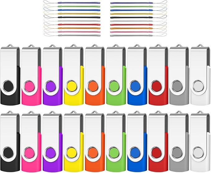 AreTop 16GB 20 Pack USB 2.0 Swivel Thumb Drive Bulk Pendrive USB Memory Stick (20PCS 16GB, 20 Pack Lanyards)