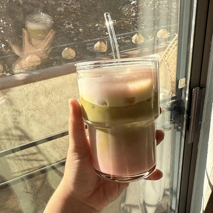 13oz Glass Tumbler with Straw and Lid, Leak Proof Iced Coffee Cup, Thick Wall BPA Free Drinking Glass Water Cups for Iced Coffee, Matcha, Smoothie and Travel-(Clear-2pack)