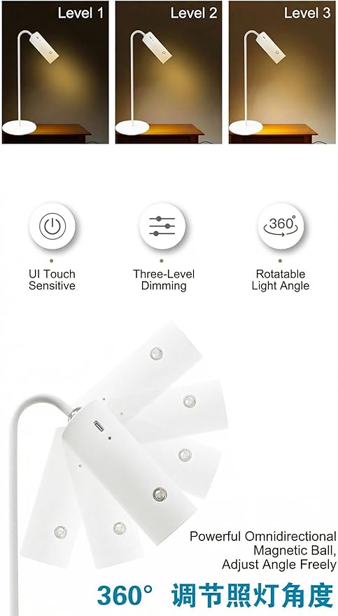 3-in-1 LED Desk Lamp with Magnetic Base, Touch Control, 360° Adjustable Arm, 3 Brightness Levels, Portable Clip-on Light for Reading, Study, Bedside