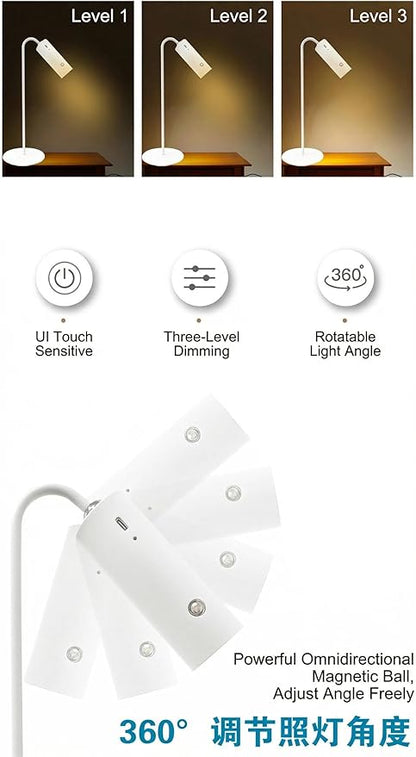 3-in-1 LED Desk Lamp with Magnetic Base, Touch Control, 360° Adjustable Arm, 3 Brightness Levels, Portable Clip-on Light for Reading, Study, Bedside