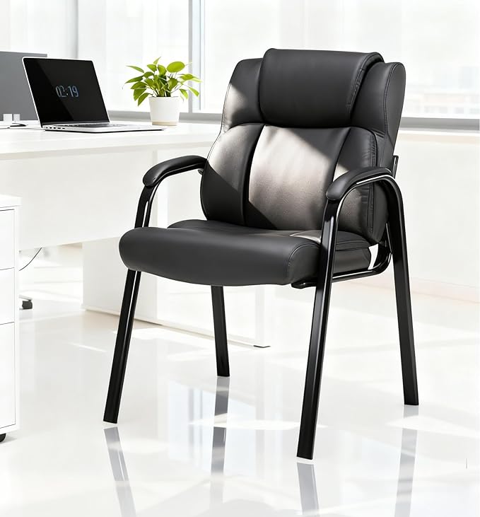 CLATINA Black Guest Chair with Arms, Office Reception Chairs for Conference and Waiting Room, Ergonomic Leather Visitor Desk Chair No Wheels Side Office Home Chairs