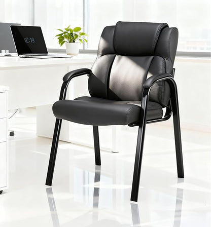 CLATINA Black Guest Chair with Arms, Office Reception Chairs for Conference and Waiting Room, Ergonomic Leather Visitor Desk Chair No Wheels Side Office Home Chairs