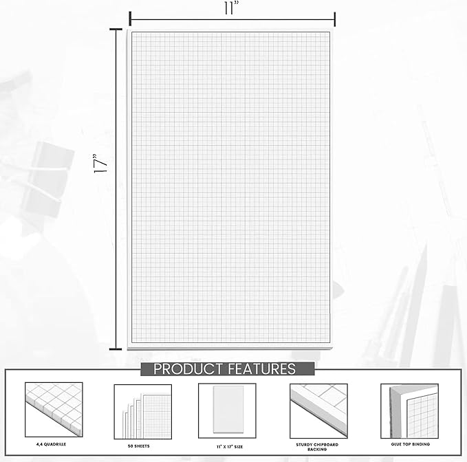 Performore 1 Pack Grid Paper Pads, 50 Sheets per Pad 11" x 17" Graph Paper Glue Top Binding Double Sided 4x4 Quadrille White Paper for Engineering Or Technical Drawings, Blueprint, Drafting
