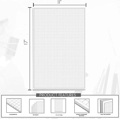 Performore 1 Pack Grid Paper Pads, 50 Sheets per Pad 11" x 17" Graph Paper Glue Top Binding Double Sided 4x4 Quadrille White Paper for Engineering Or Technical Drawings, Blueprint, Drafting