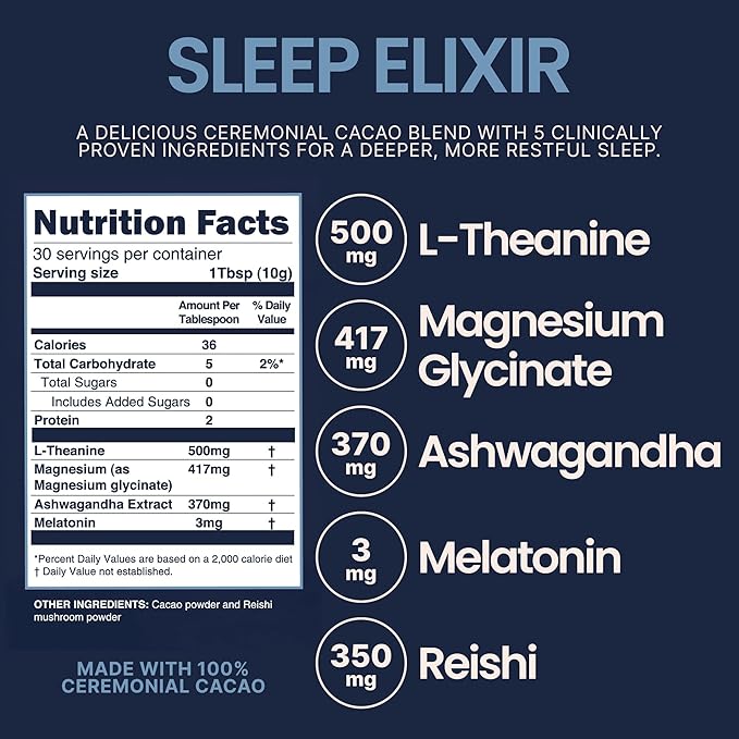 KORACAO Sleep Elixir Cacao Blend – Ceremonial-Grade Cocoa Drink with Magnesium, L-Theanine, Reishi, Melatonin & Ashwagandha – 300g (30 Servings) for Relaxation & Restful Sleep