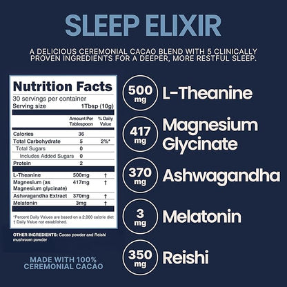 KORACAO Sleep Elixir Cacao Blend – Ceremonial-Grade Cocoa Drink with Magnesium, L-Theanine, Reishi, Melatonin & Ashwagandha – 300g (30 Servings) for Relaxation & Restful Sleep