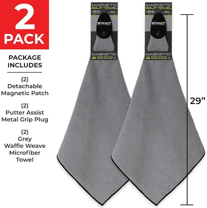 STICKIT Magnetic Towel, Grey | 2-Pack | Top-Tier Microfiber Golf Towel with Deep Waffle Pockets | Industrial Strength Magnet for Strong Hold to Golf Carts or Clubs