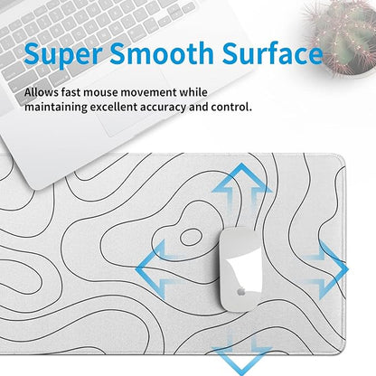 White Large Gaming Mouse Pad Desk Pad Topographic Map Big Keyboard Mat 31.5x11.8inch Computer Mousepad with Stitched Edge Non-Slip Rubber Base
