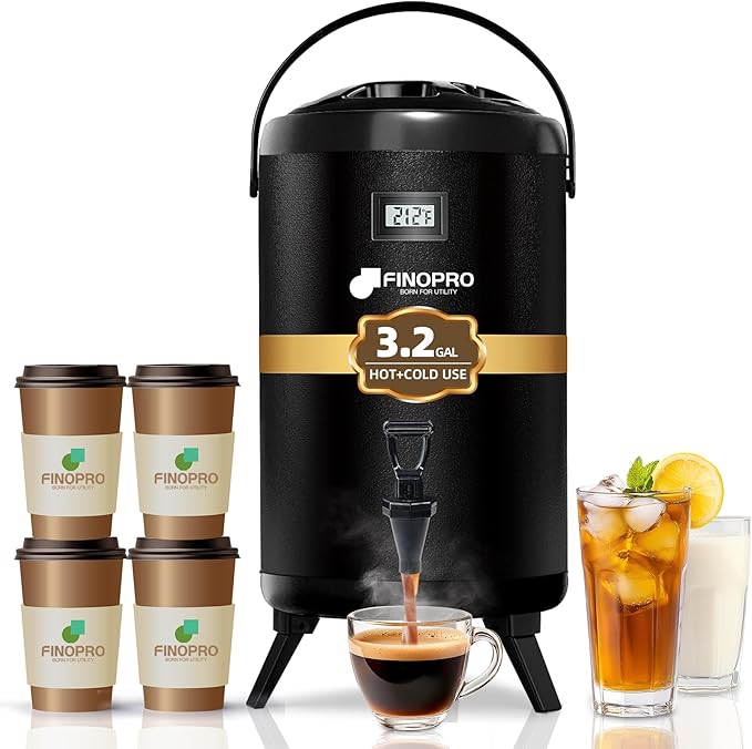 Insulated Beverage Dispenser - Thermal Hot and Cold Tea Dispenser - Stainless Steel 12L/3.2Gal with Spigot for Hot Coffee & Tea, Cold Milk & Juice - Black