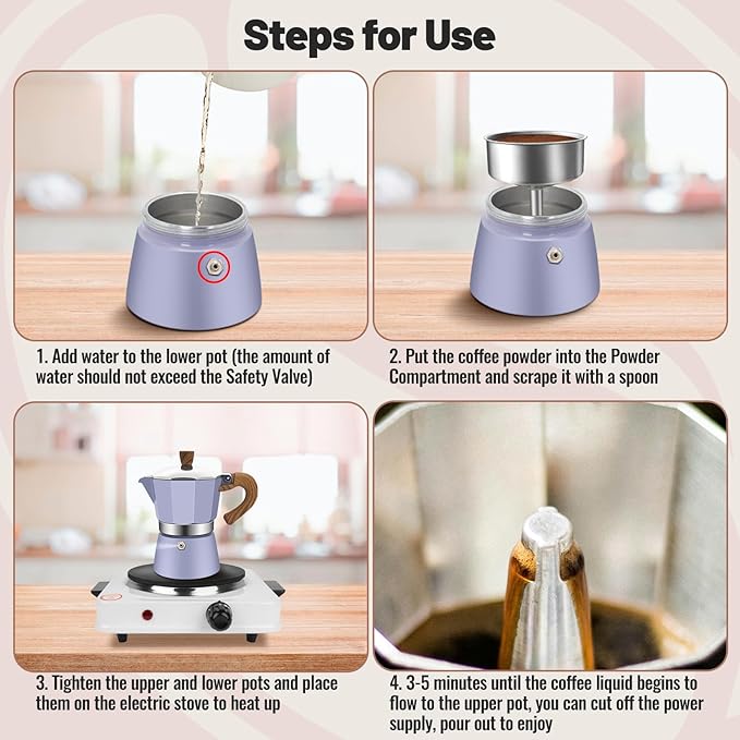 6 Cup Aluminum Moka Pot Classic Stovetop Espresso Coffee Maker 300ml 10oz Coffeemaker Percolator Mocha Pot Greca Coffee Maker Cafe Makers for Italian and Cuban Café Brewing Purple