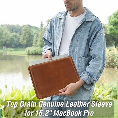 Top Grain Leather 16.2" Slim PC Sleeve Case, Solid Vintage Design, Handmade, Compatible with MacBook Pro 16.2" A2485 M1 Max 15" Touch Bar A2141 A1707 Pro 16" Touch ID A1990, Brown 16.2 Inch