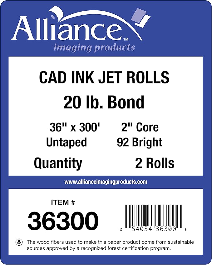 Alliance Wide Format Paper CAD Bond Rolls (20lb | 2 Rolls, 36 In x 300 Ft | 2" Core)