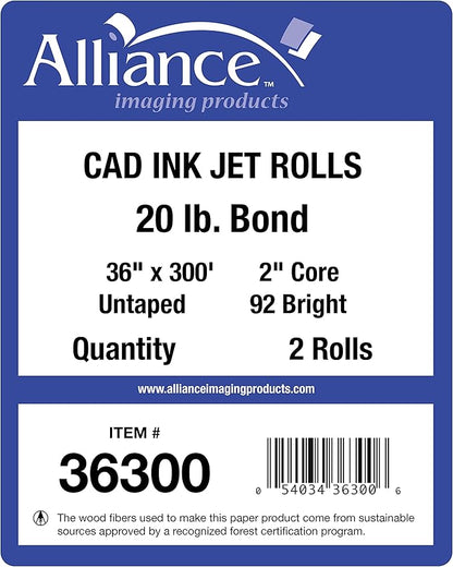 Alliance Wide Format Paper CAD Bond Rolls (20lb | 100 Rolls, 36 In x 300 Ft | 2" Core)