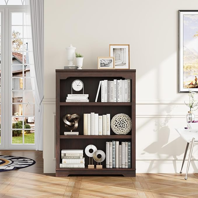 HIFYOBRO 3 Tier Bookshelf and Bookcase, 31.5" Wide Wooden Book Shelf, Freestanding Open Display Storage Bookshelves for Study Room, Home Office, Living Room (Cherry)