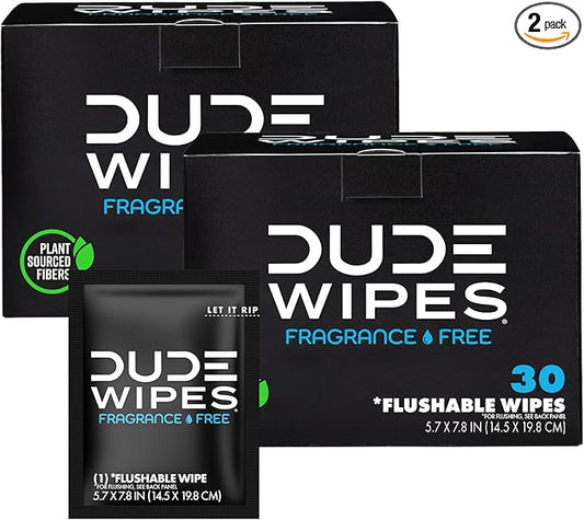 DUDE Wipes - On-The-Go Flushable Wipes - 2 Pack, 60 Count - Unscented Extra-Large Individually Wrapped - Vitamin E & Aloe - Septic and Sewer Safe