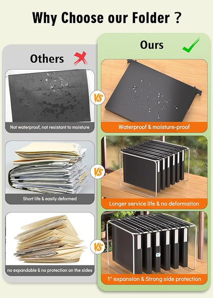 Extra Capacity Plastic Hanging File Folders,12 Pack Reinforced Hang Folder, Heavy Duty 1 Inch Expansion, Filing Cabinet Folders Letter Size for Bulk Files/Medical Charts, Black