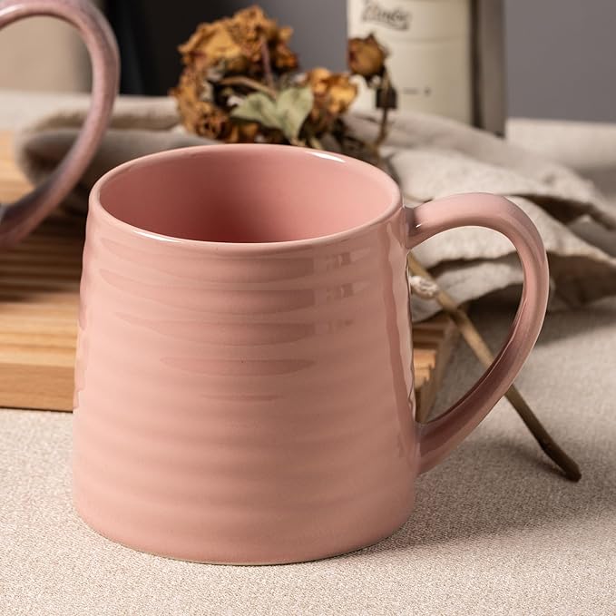 Ceramic Coffee mugs, 21 oz, Extra Large Mugs, Big Tea Cup, Large Handle, Pottery Mug, Big Belly, Transmutation Glaze，Wide Bottom, stripe pattern, Microwave & Dishwasher Safe. (Pink)