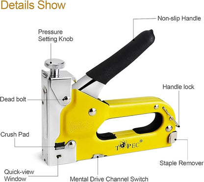 Topec Upholstery Staple Gun Heavy Duty, 3-in-1 Stapler Gun with 600 Staples, Manual Brad Nailer Power Adjustment Wood Stapler for Crafts, Wall, Upholstering, Furniture, DIY