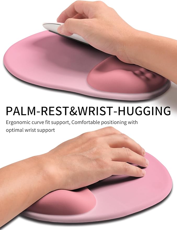 Palm-Rest and Wrist-Hugging Mouse Pad Wrist Rest, Ergonomic Wrist Support with Curve Fitting Cushioned Memory Foam for Carpal Tunnel Pain Relief, 9.9 x 8.3 Inch, Blush Gradient