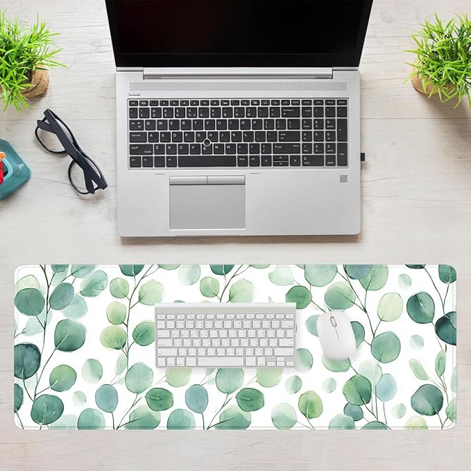 Eucalyptus Leaves Desk Pad Mouse Pad Watercolor Green Botanical Mousepad XL Large Gaming Mouse Pad Laptop Keyboard Mat Desk Pad 31.5"x11.8"