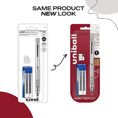 Uniball Kuru Toga Elite Mechanical Pencil Starter Kit with Silver Barrel and 0.5mm Tip; 60 Lead Refills; and 5 Pencil Eraser Refills; HB #2; Office Supplies; School Supplies; Drafting