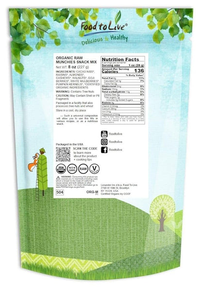 Food to Live Organic Raw Munchies Snack Mix, 8 Ounces — Raw and Non-GMO Contains Cacao Nibs, Raisins, Almonds, Cashews, Walnuts, Goji Berries, Mulberries, Pumpkin Seeds. Vegan Superfood, Kosher