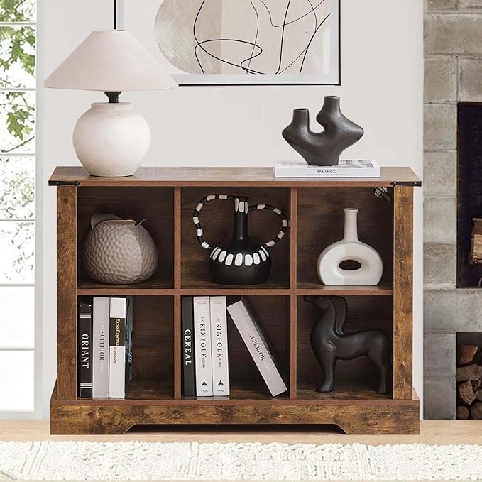 6 Cube Storage Organizer with LED Lights, Wooden Bookcase with Storage, Modern Cube Shelf for Living Room, Bedroom, Home Office - Brown
