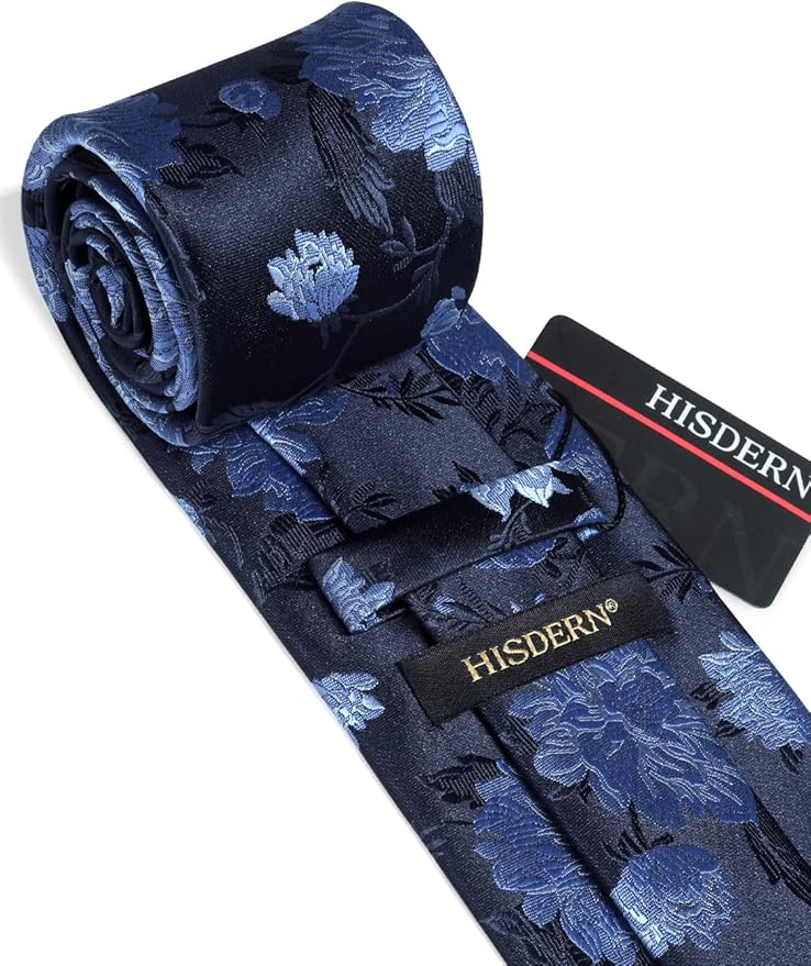 HISDERN Men Floral Ties Woven Classic 3.4" Necktie Set Formal Tie Pocket Square for Wedding with Handkerchief Gift Box