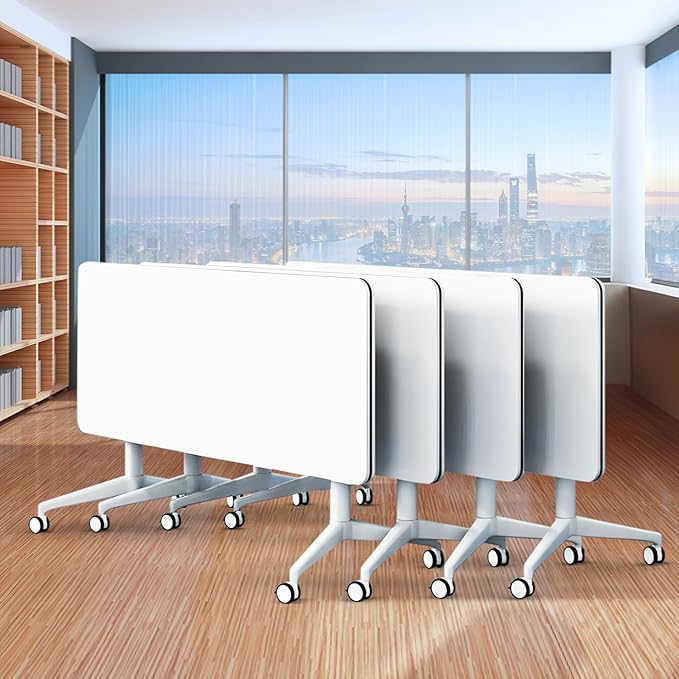 Folding Conference Table,Movable Conference Room Table with Wheels,White Wood Rectangular Conference Table with Modern Business Style,Modular Meeting Training Tables for Office Classroom(4,47.2'')