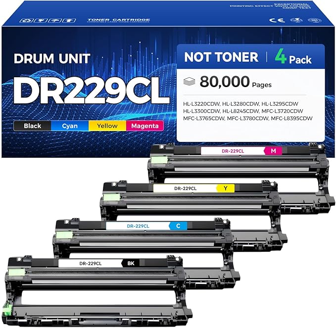 DR229CL Drum Unit Not Toner 4-Pack Set Printer Replacement Compatible for Brother DR-229CL Imaging Drum MFC-L3720CDW MFC-L3780CDW HL-L3220CDW HL-L3280CDW HL-L3300CDW HL-L3295CDW L8245CDW MFC-L8395CDW