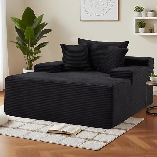 49" Chaise Lounge Chair Indoor, Oversized Wide Arm Boneless Sofa Bed with Plush Corduroy & High-Density Foam, No Assembly Cloud Couch for Living Room, Bedroom, Reading Nap (Black)