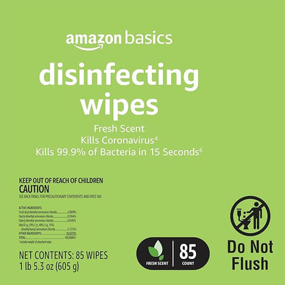Amazon Basics Disinfecting Wipes, Fresh Scent, Sanitizes/Cleans/Disinfects/Deodorizes, 85 Count: Pallet of 480 (80 x 6-pack) (Packaging May Vary)