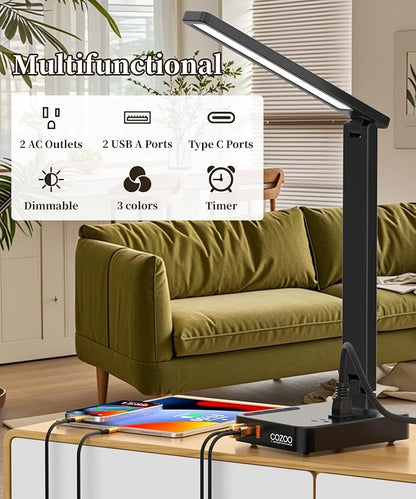 COZOO LED Desk Lamp with 3 USB Charging Ports,2 AC Outlet,3 Color Modes 3 Brightness Levels,Touch/Memory/Timer Function,Eye-Caring Home Office Foldable Natural Light Task Lamp for Reading,Study,Crafts