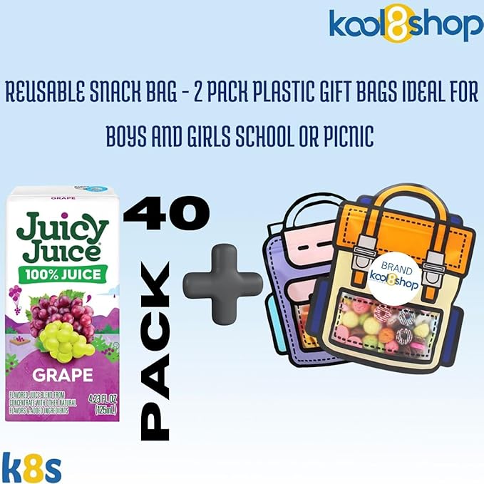 Juicy Juice Grape 100% Juice No Sugar Added On The Go Box 4.23 fl oz 40 Pack + 2 Reusable Snack Bags by KOOL8SHOP Infinite Deals