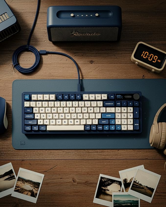 RK ROYAL KLUDGE M100 Wireless Mechanical Keyboard w/Screen & Dual Knobs, Tri-Mode Gasket Mount Gaming Keyboard with Number Pad, Hot Swappable Cream Switch, Blue