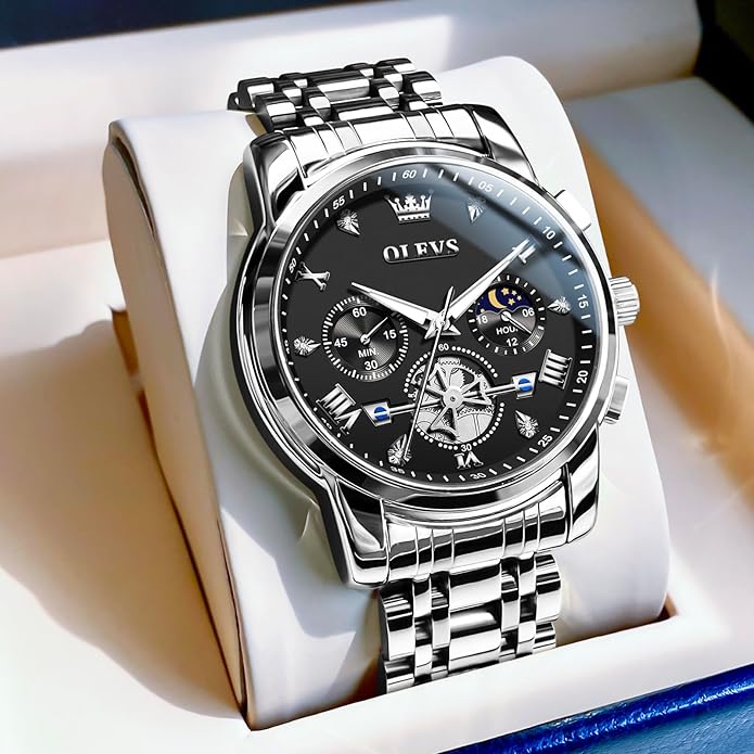 OLEVS Men Watches Stainless Steel Chronograph Watch, Large Wrist Analog Quartz Watch, Fashion Waterproof Diamond Roman Numerals Dress Watches for Men, Gold/Black/White/Blue/Grey Dial