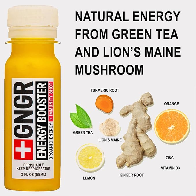 +GNGR Energy Booster & Immunity Shot, Cold-Pressed Ginger Shots with Lions Mane, 75mg of Natural Caffeine Green Tea, Turmeric Root, Vitamin D & Zinc for All Natural Immune Support 2 fl oz (Pack of 12)