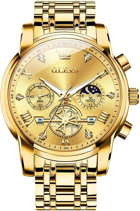 OLEVS Men Watches Stainless Steel Chronograph Watch, Large Wrist Analog Quartz Watch, Fashion Waterproof Diamond Roman Numerals Dress Watches for Men, Gold/Black/White/Blue/Grey Dial