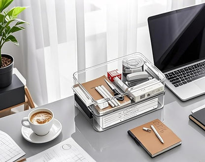 2 Pcs 5.5qt 9 x 13 Plastic Portable Project Case With Snap-Tight Latch, Clear Stackable Storage Boxes Organizer for A4 Files, Photos, Scrapbooks, Art Supplies (‎Blue Latch, Large)