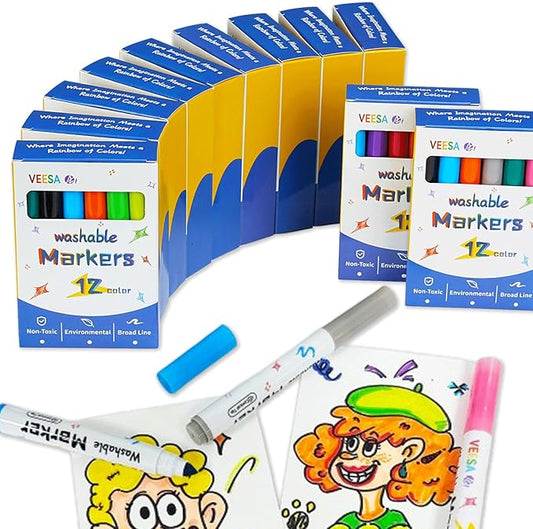 Washable Markers Bulk - 12 Boxes of 12 Vibrant Colors (144 Total) - Broad Line Markers for Kids, Teacher, Classroom Must Have, Christmas Gift