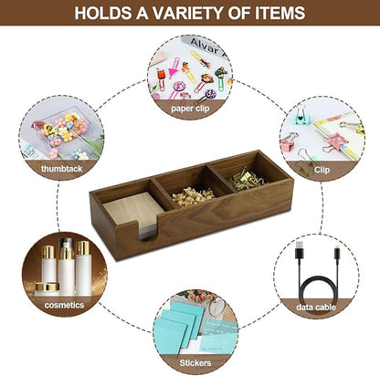MultiBey 3 in1 Walnut Wooden Sticky Note Holder, 12" x 4.3" x 2.4" Self-Stick Note Pads Holder Memo Pad Dispenser, Wood Post it Note Dispenser Desk Organizer for Office Home School