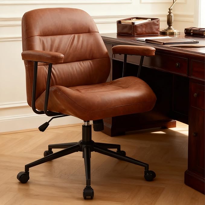 IWMH Home Office Chair, PU Leather Ergonomic Desk Chair with Armrests, Mid-Century Modern Executive Task Chairs, Height Adjustable (Brown)