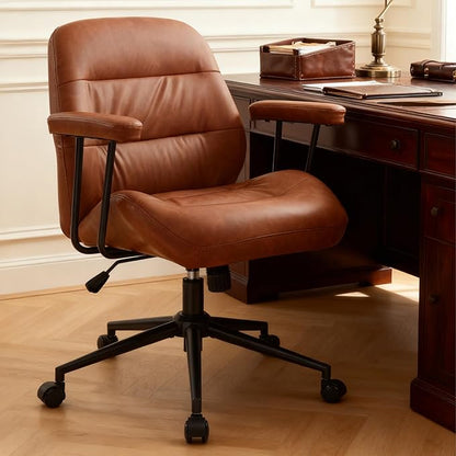 IWMH Home Office Chair, PU Leather Ergonomic Desk Chair with Armrests, Mid-Century Modern Executive Task Chairs, Height Adjustable (Brown)