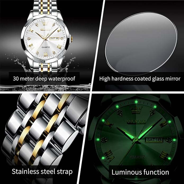 OLEVS Mens Watch Stainless Steel Analog Quartz Watches for Men Day Date Easy Read Diamond Waterproof Dress Luxury Classic Casual Big Face Blue/Black/Gold/Silver Roman Arabic Numerals Men's Wrist Watch