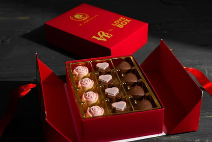 Carian’s Bistro Belgian Chocolate Gift Box of Love, Luxury Milk Chocolates with Strawberry and Hazelnut Cream, Great For Gift Giving, Christmas, Thanksgiving and Anniversary for Lovers, 12 pc.