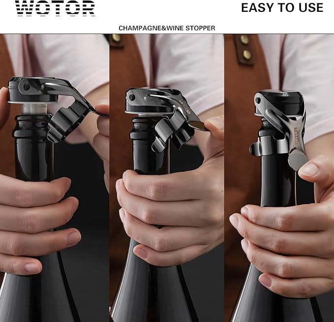 WOTOR Champagne&Wine Bottle Stoppers Stainless Steel with Food Grade Silicone, Leak Proof Keep Fresh Reusable Saver, Cork Suitable for Wine, Champagne, Cava, Prosecco and Sparkling (4 Pack Black）