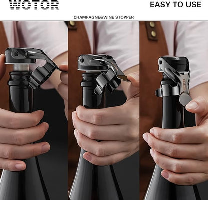WOTOR Champagne&Wine Bottle Stoppers Stainless Steel with Food Grade Silicone, Leak Proof Keep Fresh Reusable Saver, Cork Suitable for Wine, Champagne, Cava, Prosecco and Sparkling (4 Pack Black）