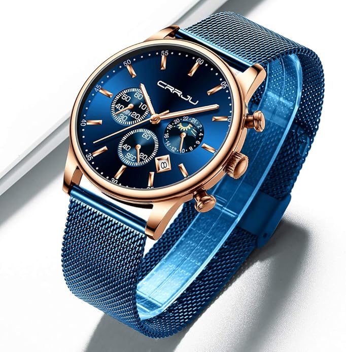 CRRJU Men's Fashion Casual Watches Auto Date Chronograph Watch Men Nice Work Watches Waterproof 30M Full Steel Quartz with Mesh Strap