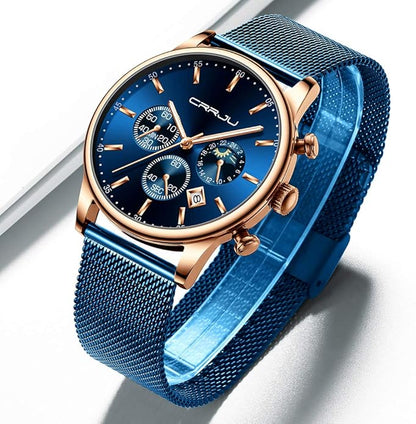 CRRJU Men's Fashion Casual Watches Auto Date Chronograph Watch Men Nice Work Watches Waterproof 30M Full Steel Quartz with Mesh Strap