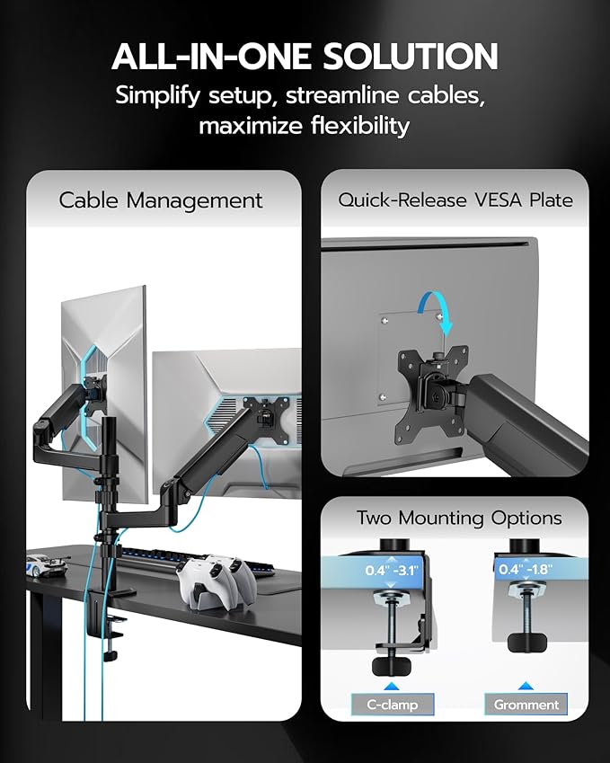 ARES WING Dual Monitor Mount - Ultrawide Monitor Arm for 17 to 40 Inch Heavy Duty Curved Screen up to 26.4 lbs with Clamp/Grommet Desk Mount, 75/100 Vesa Mount, Black